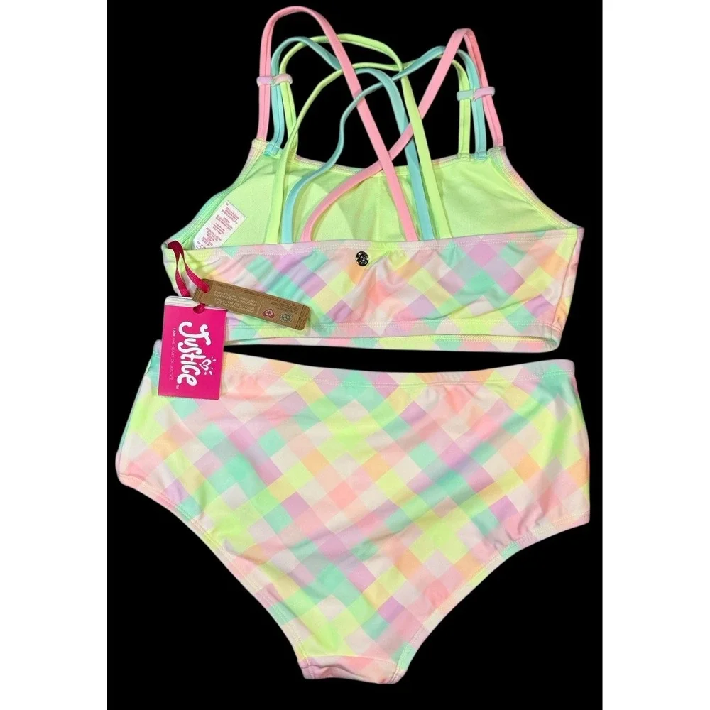 Justice Teen Young Girls 2 piece Pastel Plaid Bikini Bathing Swimsuit Size 16/18